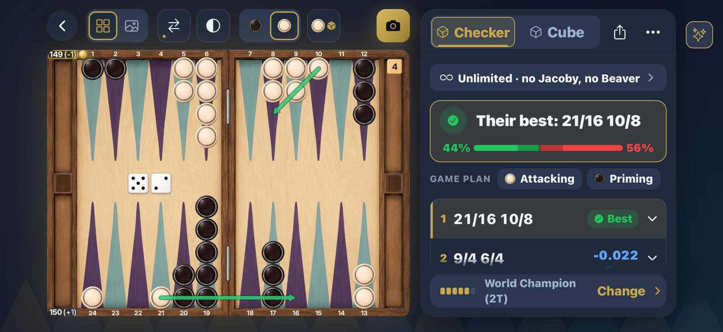 The best checker play drawn on the board, with the alternatives ranked beside it